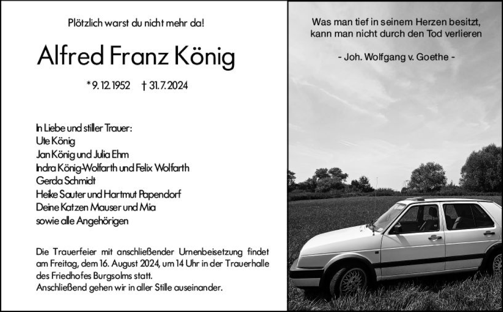  Traueranzeige für Alfred Franz König vom 09.08.2024 aus Wetzlarer Neue Zeitung
