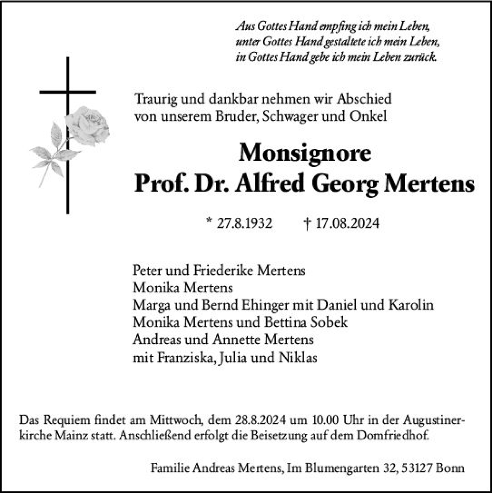 Traueranzeige für Alfred Georg Mertens vom 23.08.2024 aus Allgemeine Zeitung Mainz
