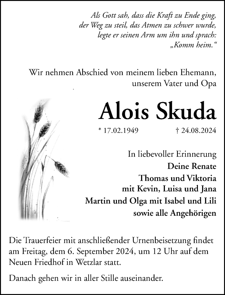  Traueranzeige für Alois Skuda vom 31.08.2024 aus Wetzlarer Neue Zeitung