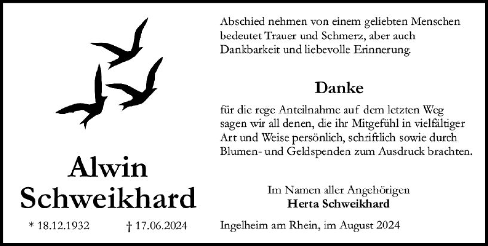  Traueranzeige für Alwin Schweikhard vom 03.08.2024 aus Allgemeine Zeitung Rheinhessen-Nahe