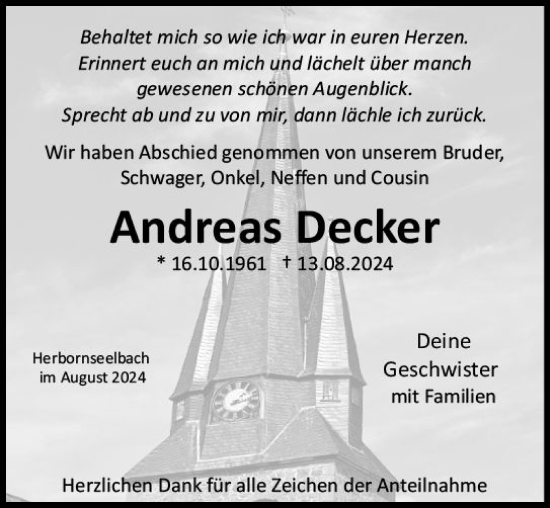 Traueranzeige von Andreas Decker von Dill Block