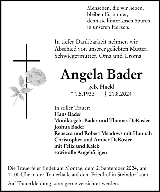 Traueranzeige von Angela Bader von Wetzlarer Neue Zeitung