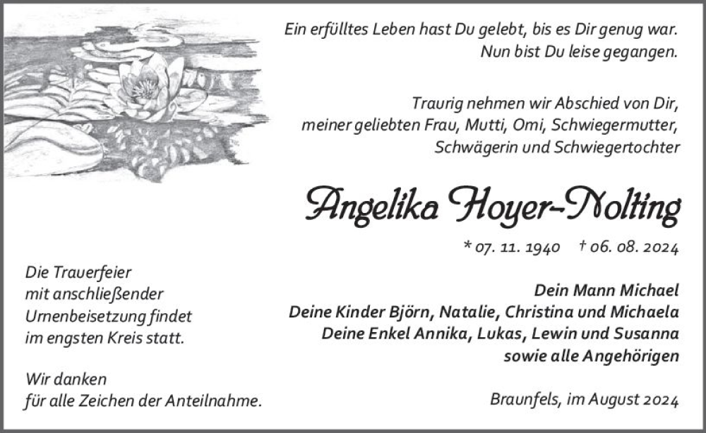 Traueranzeige für Angelika Hoyer-Nolting vom 21.08.2024 aus Weilburger Tageblatt