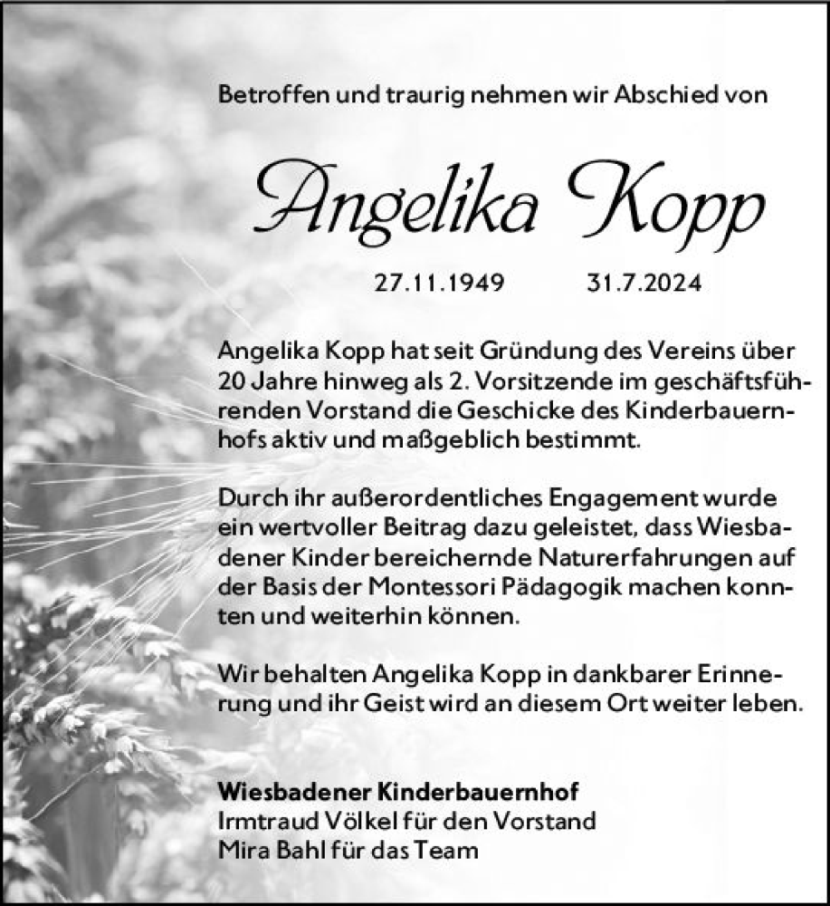  Traueranzeige für Angelika Kopp vom 10.08.2024 aus Wiesbadener Kurier