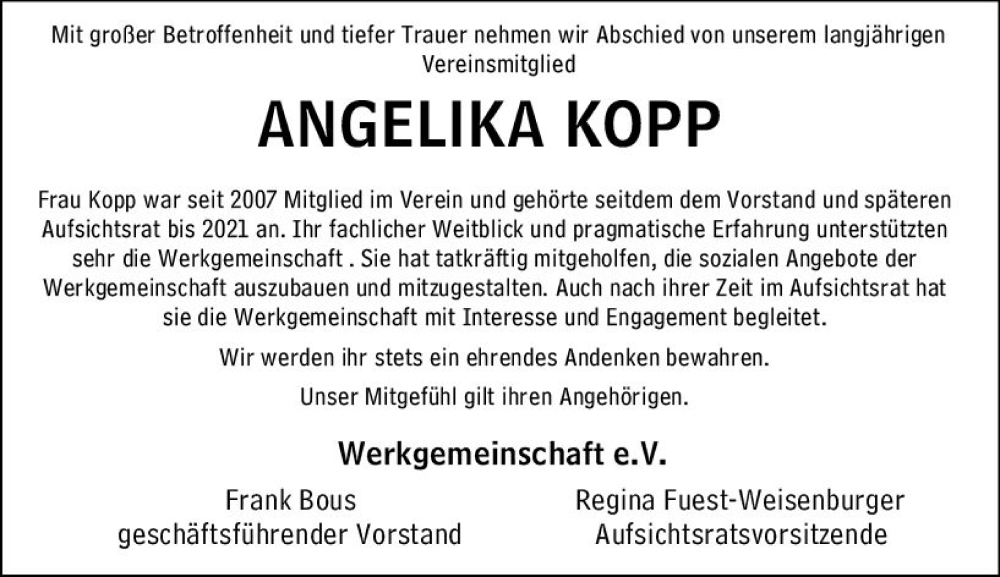  Traueranzeige für Angelika Kopp vom 14.08.2024 aus Wiesbadener Kurier