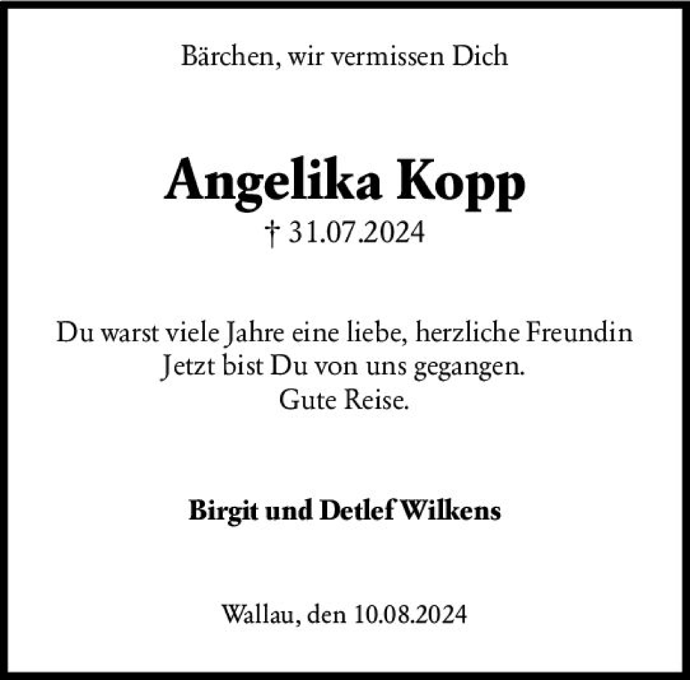  Traueranzeige für Angelika Kopp vom 10.08.2024 aus Wiesbadener Kurier