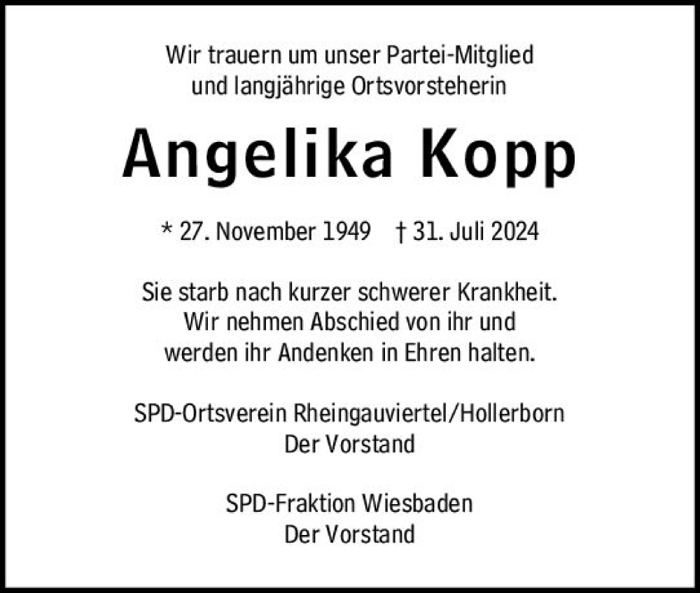  Traueranzeige für Angelika Kopp vom 10.08.2024 aus Wiesbadener Kurier
