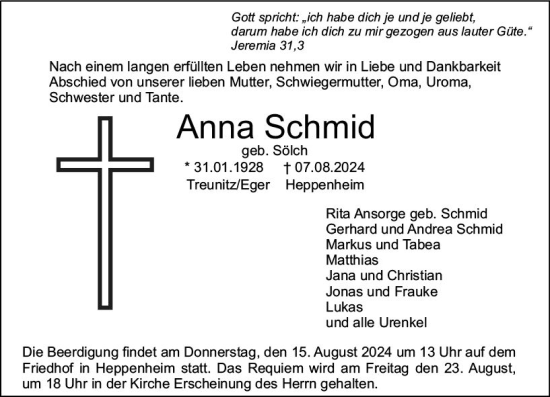 Traueranzeige von Anna Schmid von Starkenburger Echo