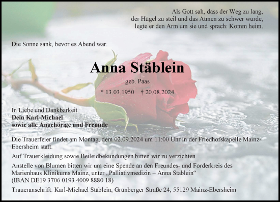 Traueranzeige von Anna Stäblein von Allgemeine Zeitung Mainz