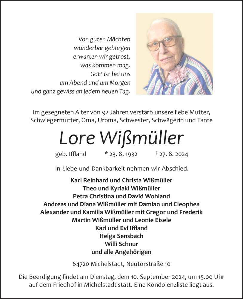  Traueranzeige für Anna Eleonore Wißmüller vom 31.08.2024 aus Odenwälder Echo