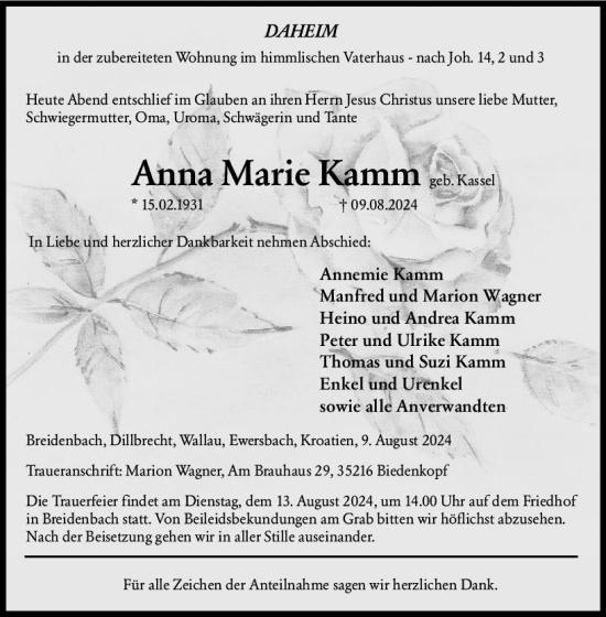 Traueranzeige von Anna Marie Kamm von Hinterländer Anzeiger