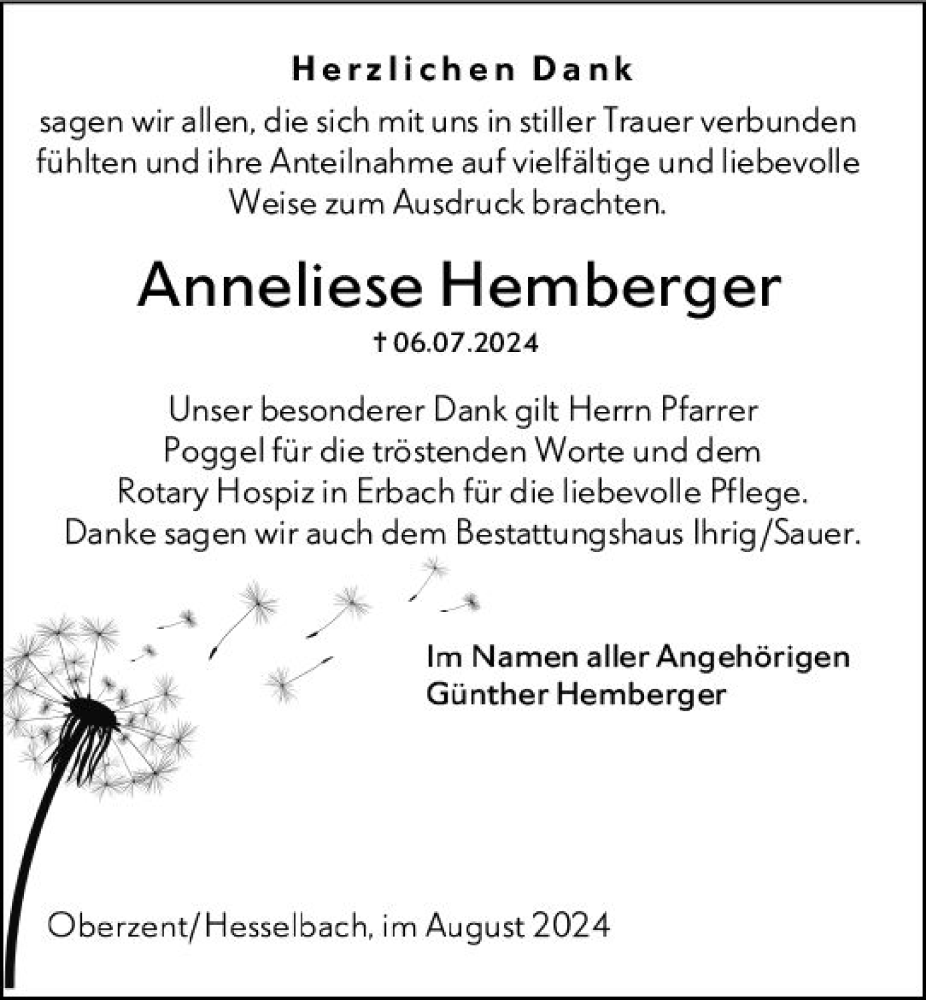 Traueranzeige für Anneliese Hemberger vom 03.08.2024 aus Odenwälder Echo