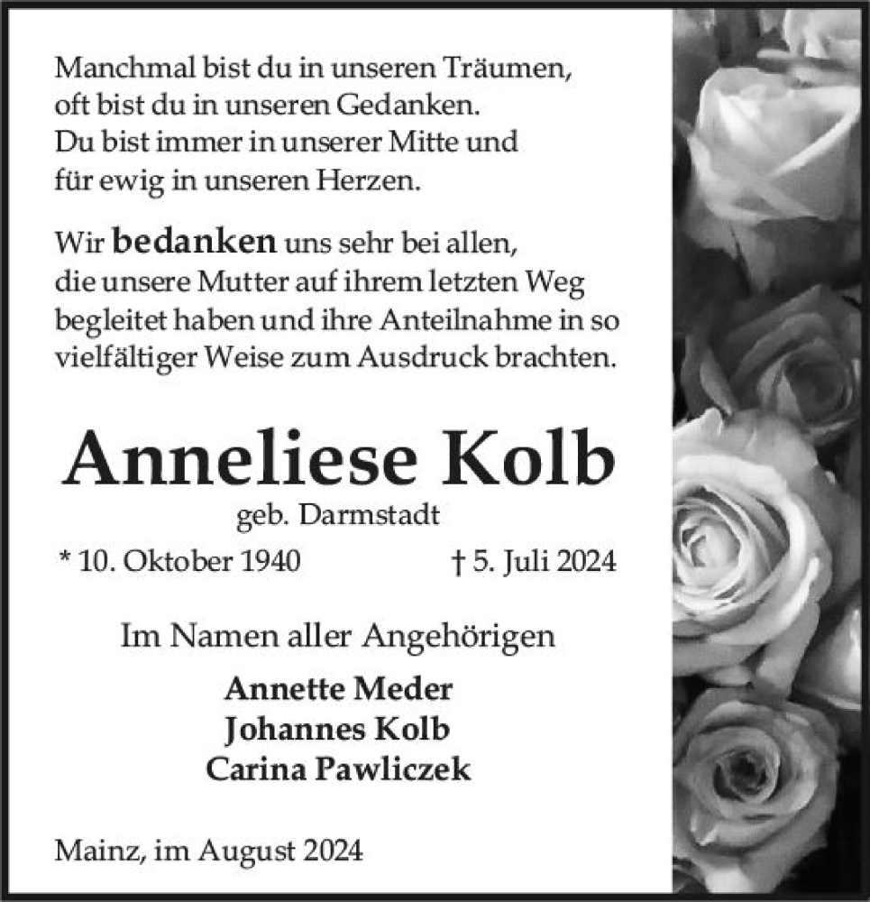  Traueranzeige für Anneliese Kolb vom 24.08.2024 aus Allgemeine Zeitung Mainz