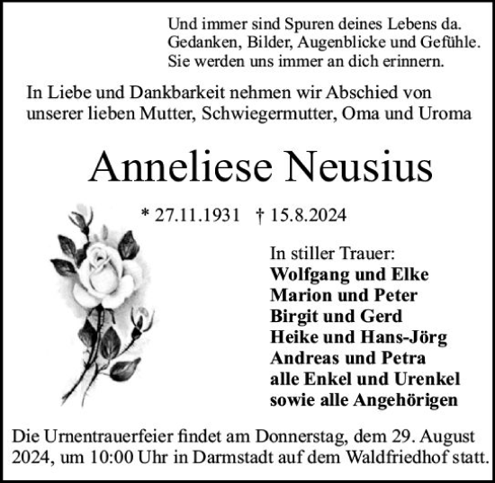 Traueranzeige von Anneliese Neusius von Darmstädter Echo