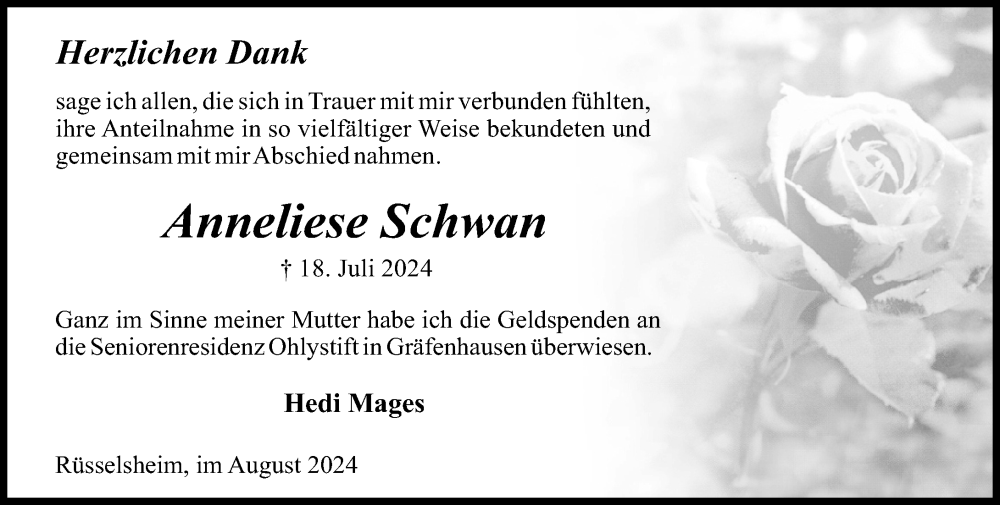 Traueranzeige für Anneliese Schwan vom 31.08.2024 aus Rüsselsheimer Echo