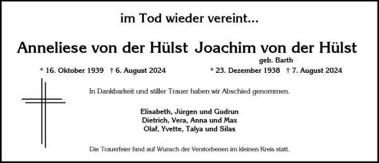 Traueranzeige von Anneliese von der Hülst von Wiesbadener Kurier