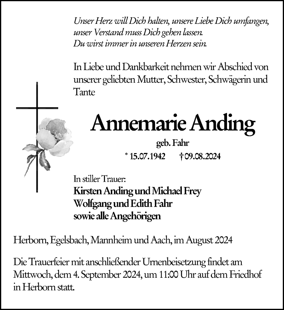 Traueranzeige für Annemarie Anding vom 30.08.2024 aus Dill Block