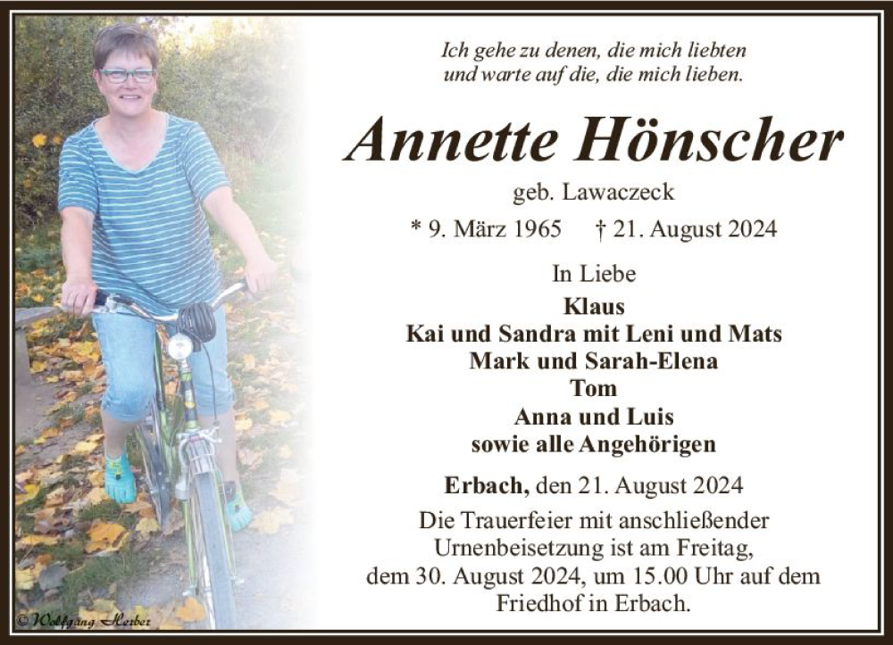  Traueranzeige für Annette Hönscher vom 29.08.2024 aus Camberger Anzeiger