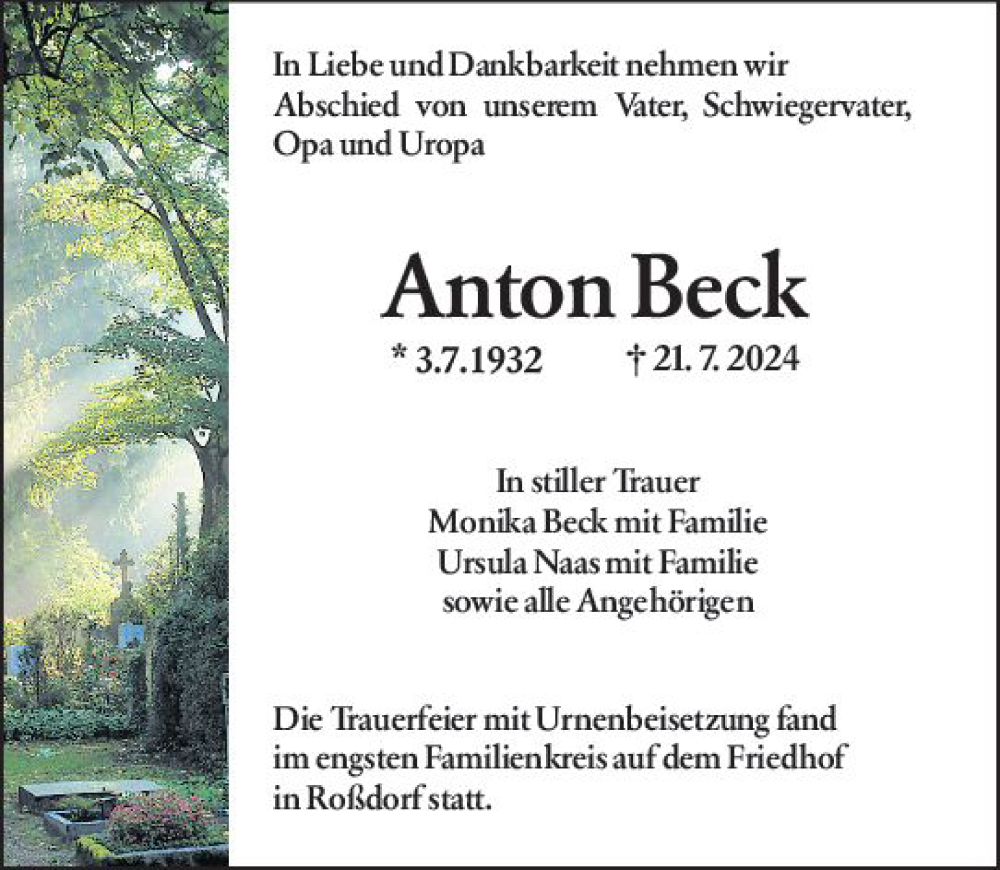  Traueranzeige für Anton Beck vom 10.08.2024 aus Darmstädter Echo