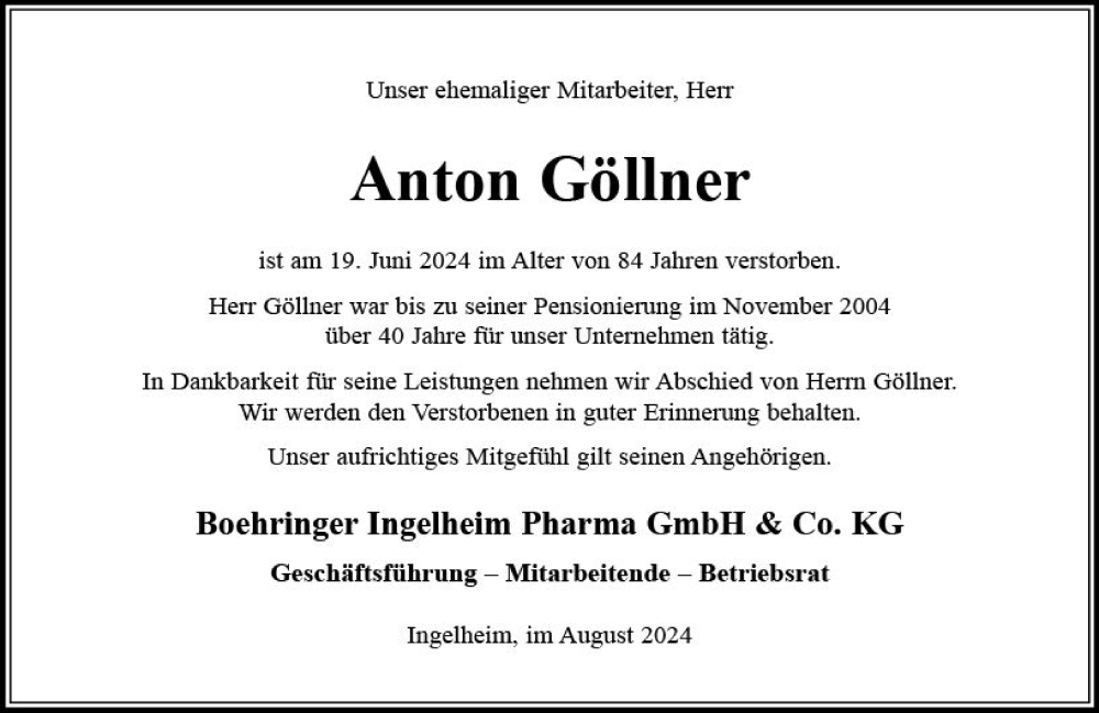  Traueranzeige für Anton Göllner vom 08.08.2024 aus Allgemeine Zeitung Rheinhessen-Nahe