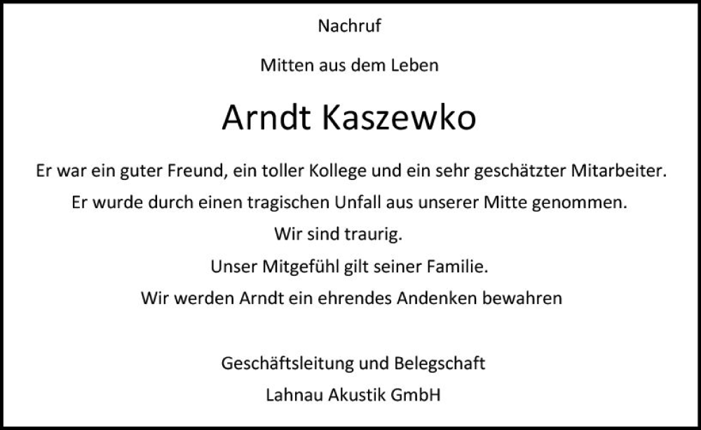  Traueranzeige für Arndt Kaszewko vom 03.08.2024 aus Wetzlarer Neue Zeitung