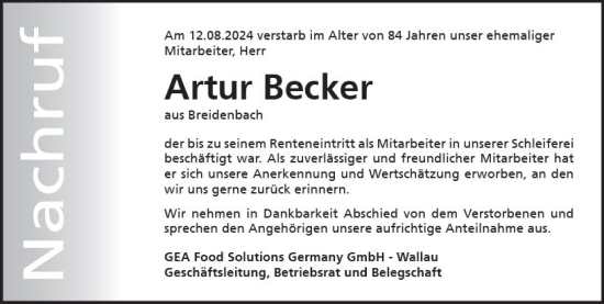 Traueranzeige von Artur Becker von Hinterländer Anzeiger