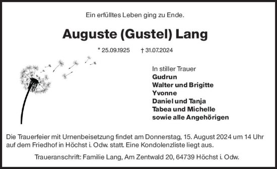 Traueranzeige von Auguste Lang von Odenwälder Echo