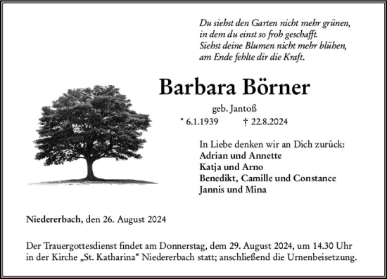 Traueranzeige von Barbara Börner von Nassauische Neue Presse