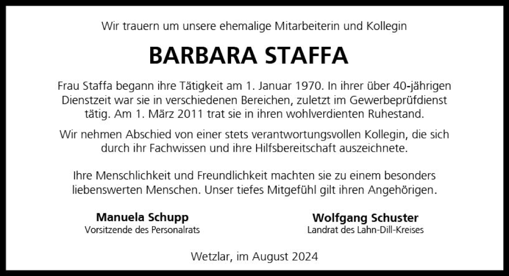  Traueranzeige für Barbara Staffa vom 21.08.2024 aus Wetzlarer Neue Zeitung