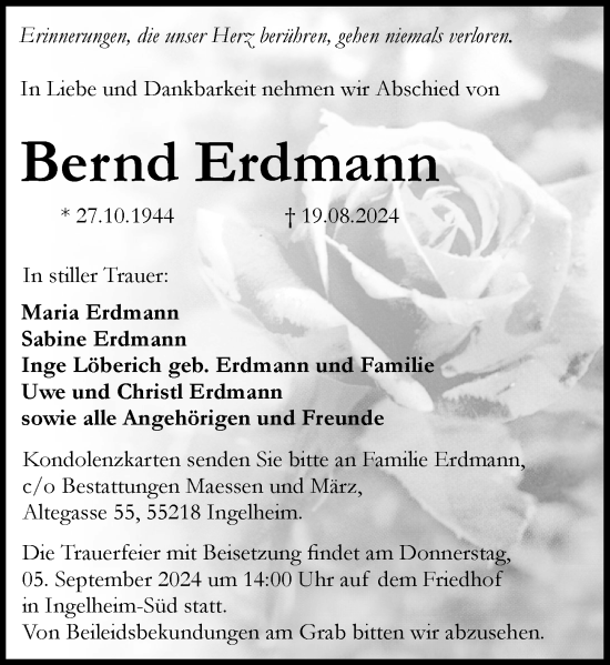 Traueranzeige von Bernd Erdmann von Allgemeine Zeitung Rheinhessen-Nahe