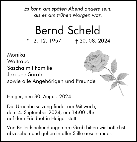 Traueranzeige von Bernd Scheld von Dill Block