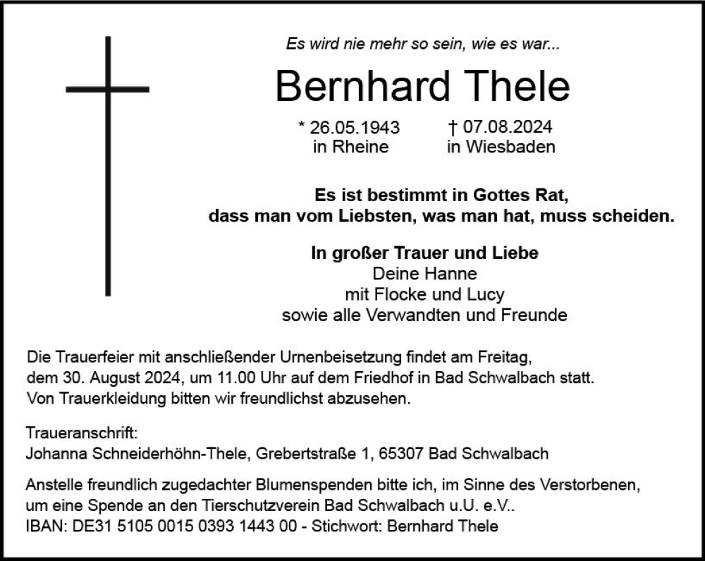  Traueranzeige für Bernhard Thele vom 17.08.2024 aus Wiesbadener Kurier