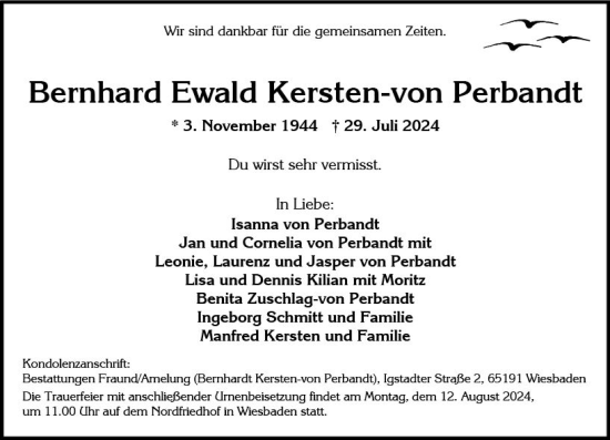 Traueranzeige von Bernhard Ewald Kersten-von Perbandt von Wiesbadener Kurier