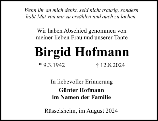Traueranzeige von Birgid Hofmann von Rüsselsheimer Echo