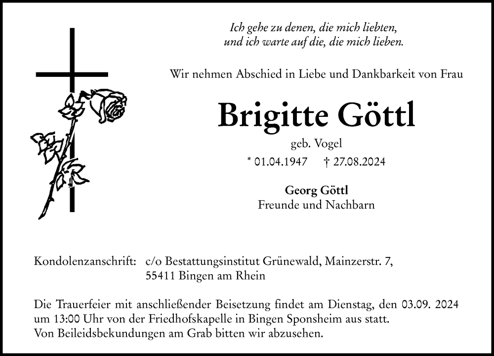  Traueranzeige für Brigitte Göttl vom 31.08.2024 aus Allgemeine Zeitung Rheinhessen-Nahe