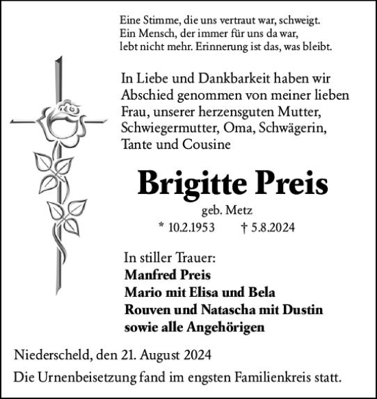 Traueranzeige von Brigitte Preis von Dill Block