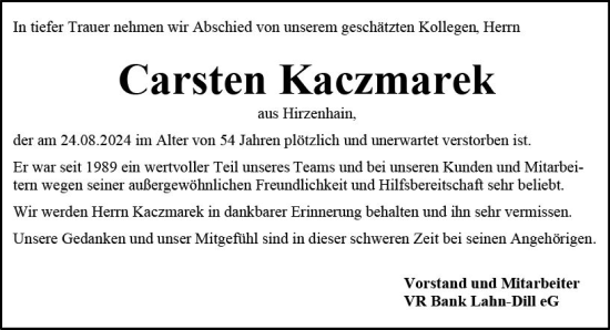 Traueranzeige von Carsten Kaczmarek von Hinterländer Anzeiger