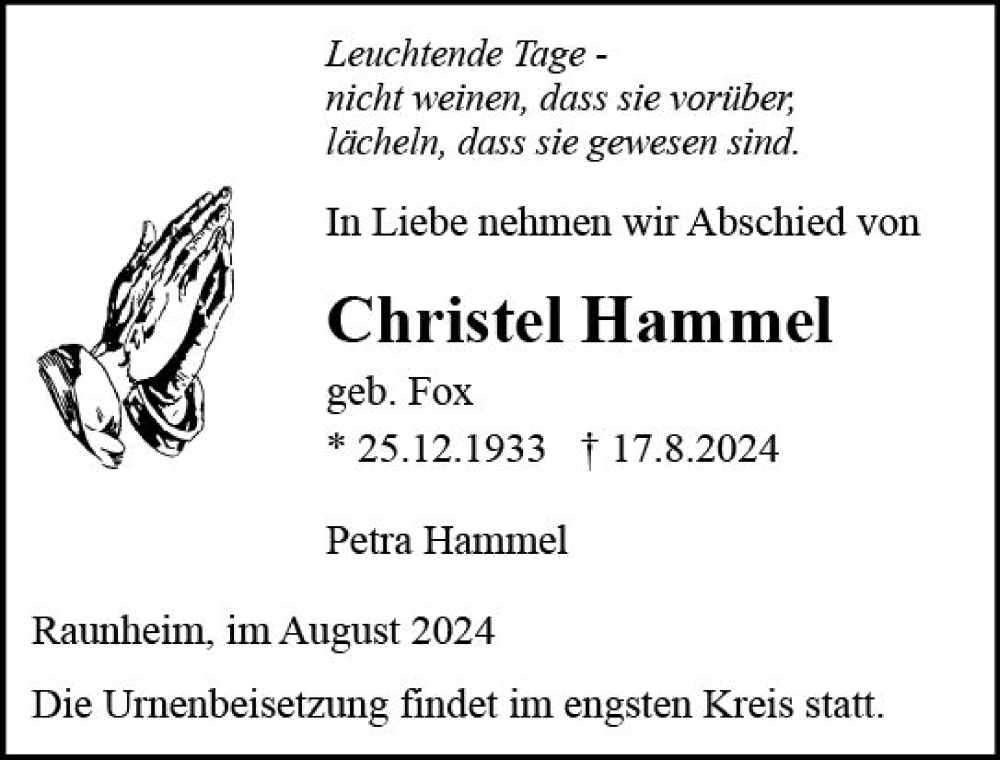  Traueranzeige für Christel Hammel vom 24.08.2024 aus Rüsselsheimer Echo