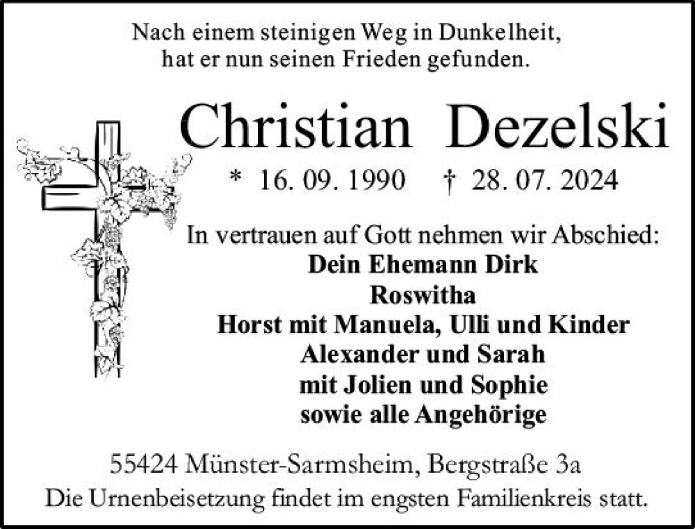  Traueranzeige für Christian Dezelski vom 10.08.2024 aus Binger-/Ingelheimer Wochenblatt