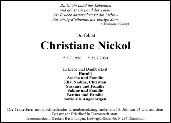 Traueranzeige von Christiane Nickol von Darmstädter Echo