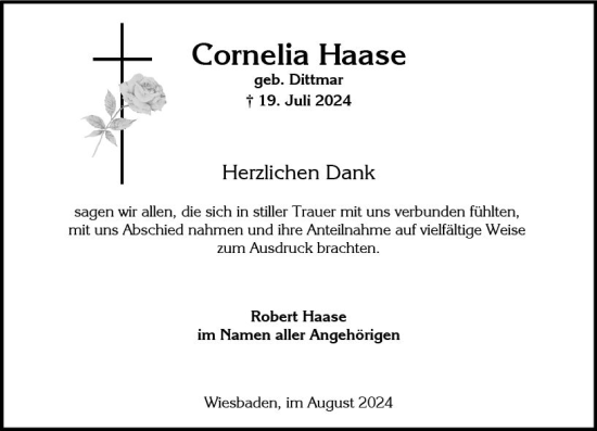 Traueranzeige von Cornelia Haase von Wiesbadener Kurier
