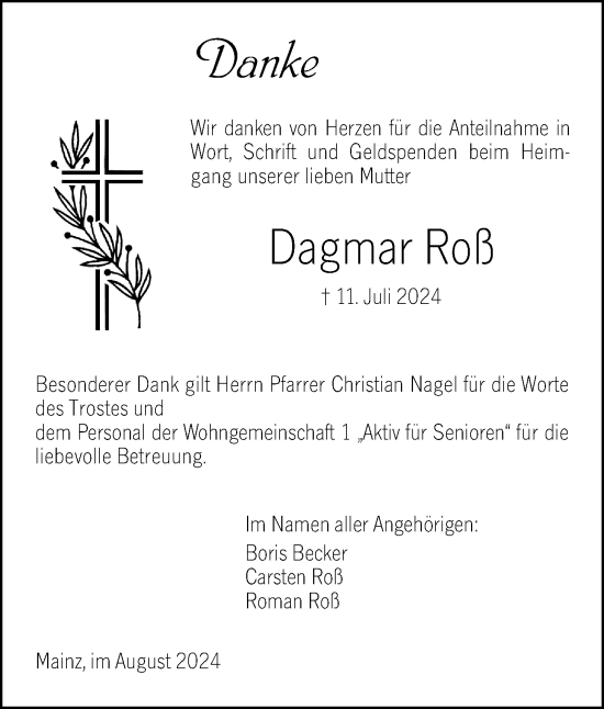 Traueranzeige von Dagmar Roß von Allgemeine Zeitung Mainz