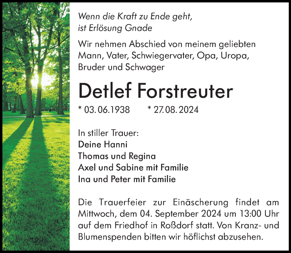  Traueranzeige für Detlef Forstreuter vom 31.08.2024 aus Darmstädter Echo