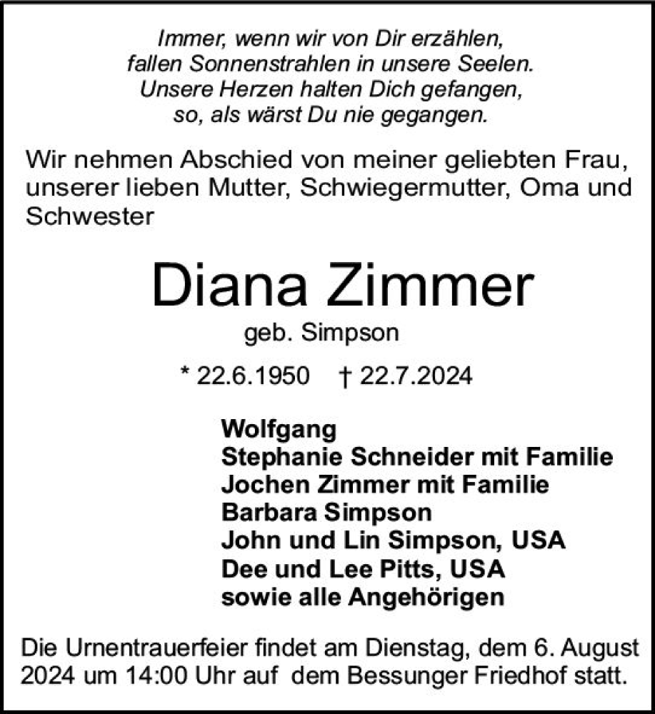  Traueranzeige für Diana Zimmer vom 03.08.2024 aus Darmstädter Echo