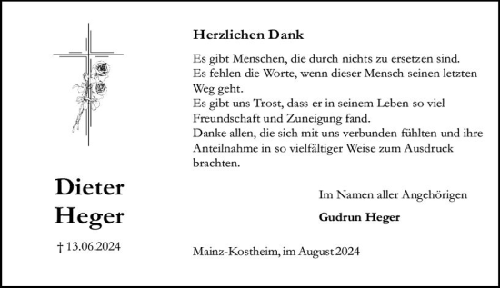 Traueranzeige von Dieter Heger von Allgemeine Zeitung Mainz