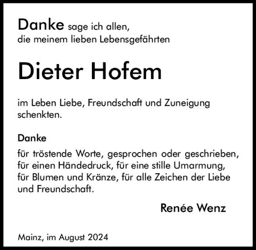  Traueranzeige für Dieter Hofem vom 17.08.2024 aus Allgemeine Zeitung Mainz