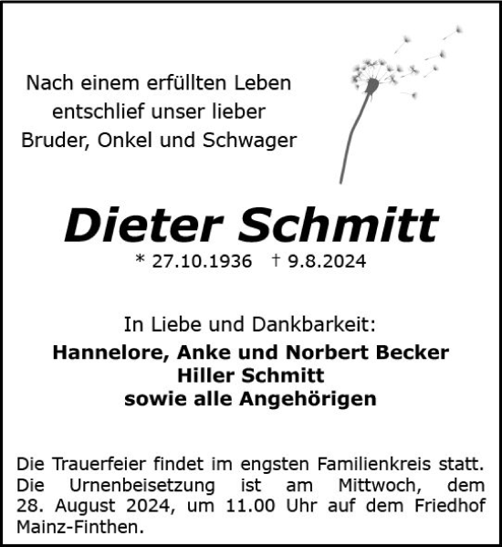 Traueranzeige von Dieter Schmitt von Allgemeine Zeitung Mainz