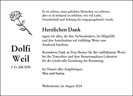 Traueranzeige von Dolfi Weil von Weilburger Tageblatt