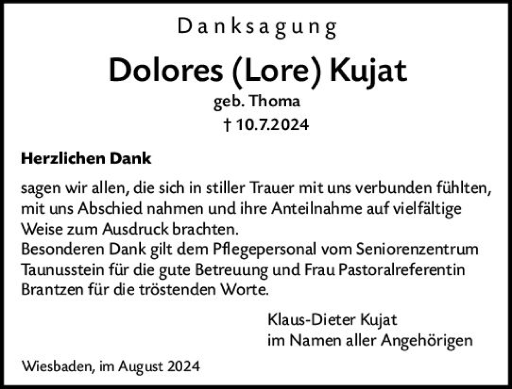  Traueranzeige für Dolores  Kujat vom 10.08.2024 aus Wiesbadener Kurier