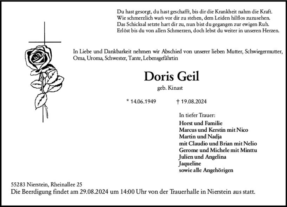  Traueranzeige für Doris Geil vom 24.08.2024 aus Allgemeine Zeitung Mainz